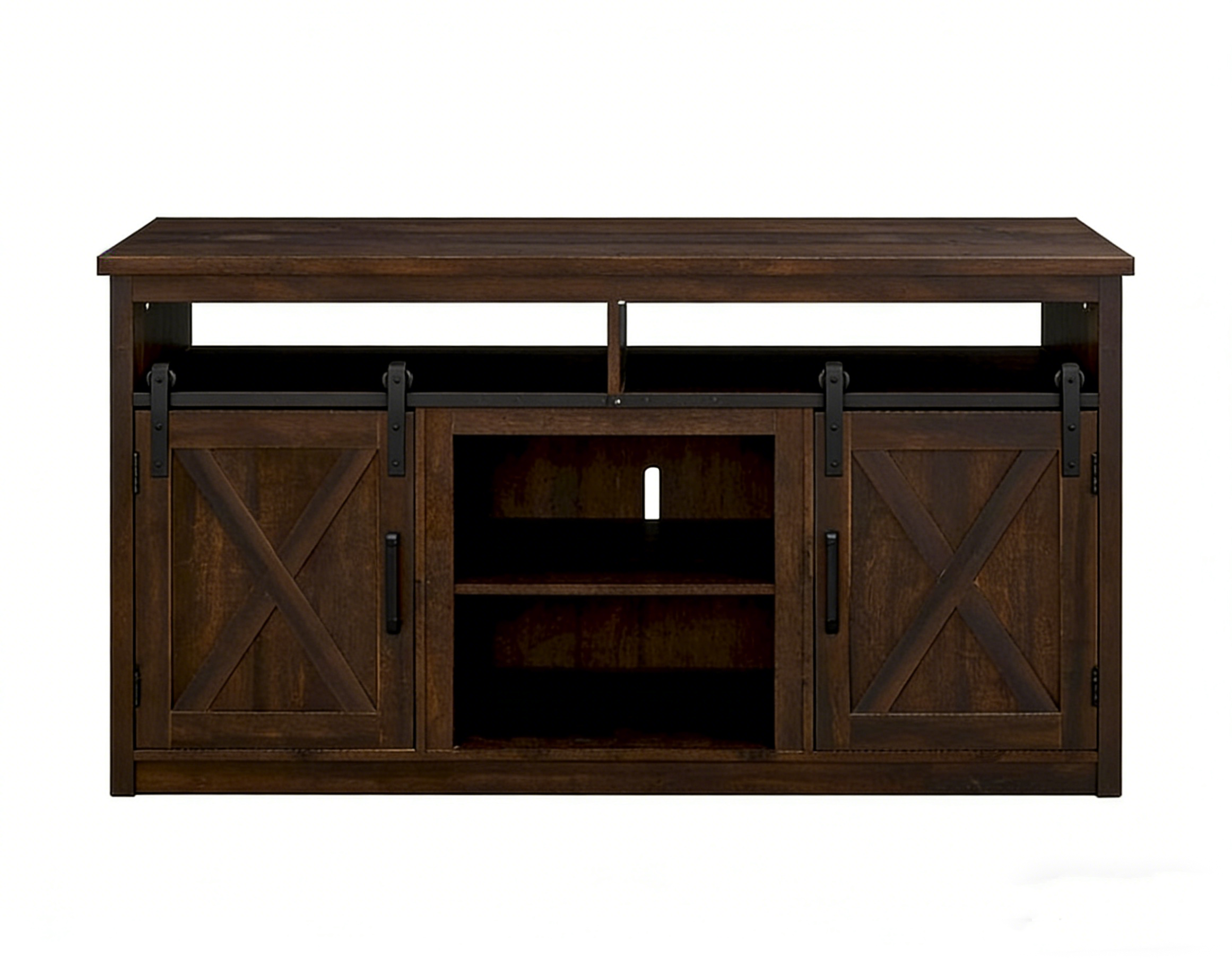 Meuble TV bas de style rustique avec portes coulissantes, idéal pour téléviseurs jusqu'à 65 pouces, avec espaces de rangement ouverts et fermés.
